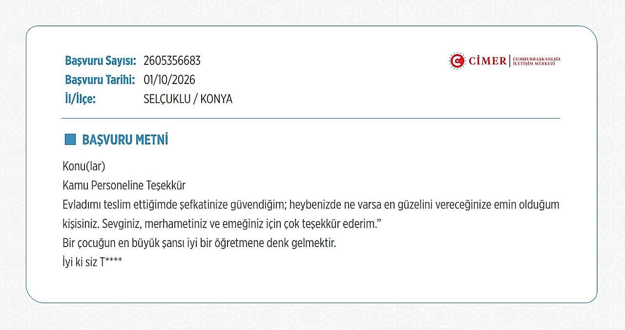 Konya'dan CİMER'e duygulandıran öğretmen mesajı