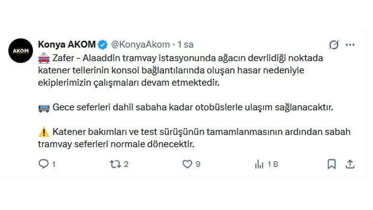 Konya'da tramvay seferleri sabah normale dönecek