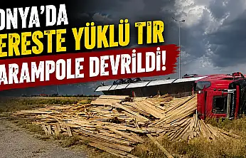 Konya'da kereste yüklü tır şarampole devrildi!