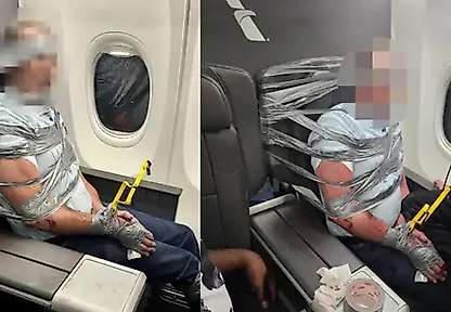 Uçakta dehşet anları: Yolcuları ısıran saldırganı bantladılar