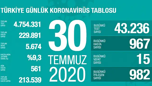 30 Temmuz koronavirüs tablosu! Vaka, ölü sayısı ve son durum açıklandı