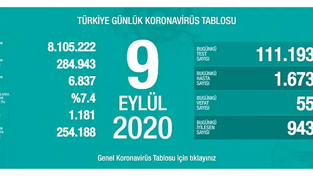 9 Eylül Türkiye'de koronavirüs tablosu