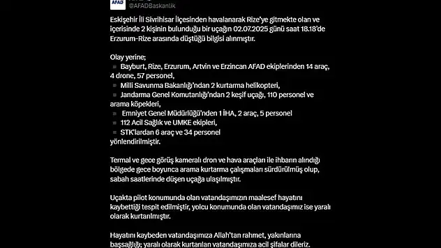 AFAD: 'Eskişehir'den Rize'ye giderken düşen uçağın enkazına ulaşıldı'
