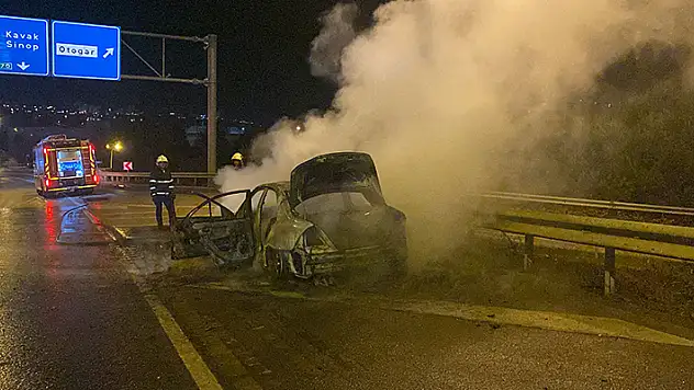 Almanya'ya dönerken çıkan yangında otomobil hurdaya döndü
