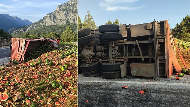 Antalya-Konya kara yolunda karpuz kamyonu devrildi