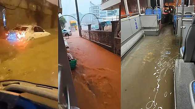Antalya yağmura teslim: Göle dönen yolda halk otobüsünü su bastı!
