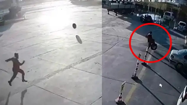 Araçtan fırlayan tekeri tekme atarak durdurdu