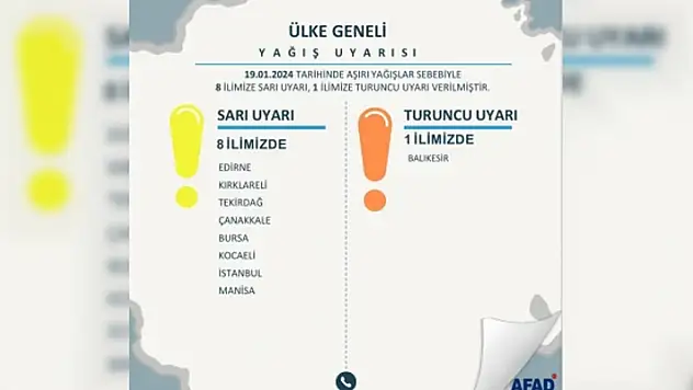 Bakan Yerlikaya'dan 1 il için turuncu, 8 il için sarı kodlu uyarı