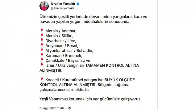 Bakan Yumaklı: 8 ildeki yangınlar kontrol altına alındı
