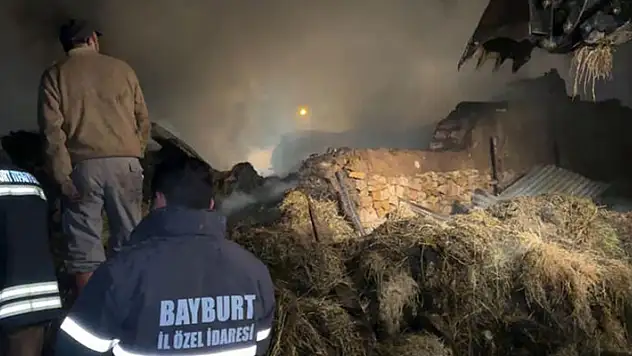 Bayburt'ta traktörde çıkan alevlerin sıçradığı 3 ev, 6 ahır, 4 samanlık yandı
