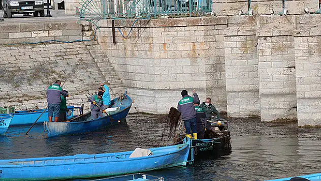 Beyşehir Gölü kıyısında kayıklarla ot temizliği