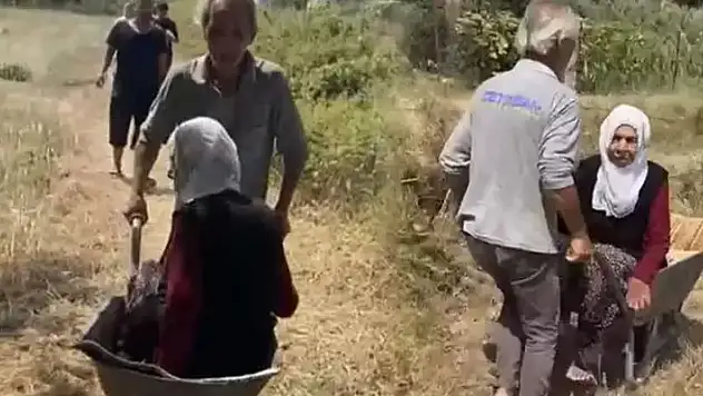 Böyle komşu düşman başına! Yaşlı kadını çocukları el arabasıyla taşıdı
