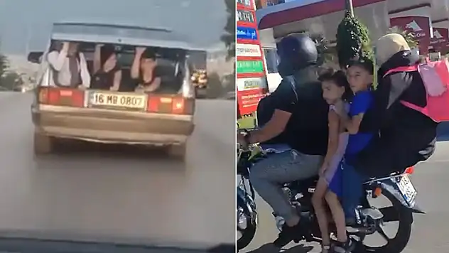 Bursa'da tehlikeli anlar: Bagajda 3 kişi, motosiklette 4 kişi

