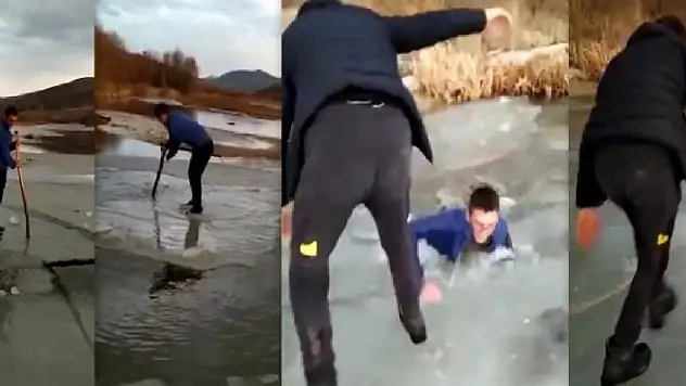 Buzda yolculuk faciayla bitiyordu! Nehirde buz kütlesini sal olarak kullanan gençlerden biri suya düşünce boğulma tehlikesi atlattı
