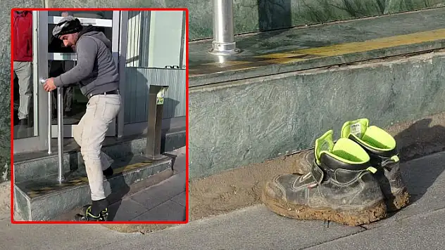 Çamurlu ayakkabılarını çıkarıp bankaya öyle girdi
