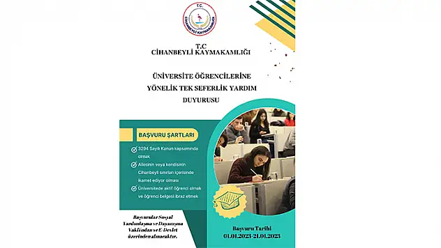 Cihanbeyli Kaymakamlığının üniversite öğrencilerine vereceği yardım için başvurular başladı
