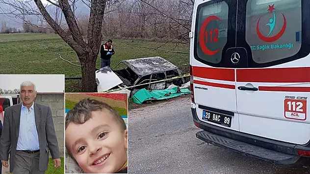 Denizli'de ağaca çarpan otomobil alev aldı dede ile torunu öldü, 2 yaralı

