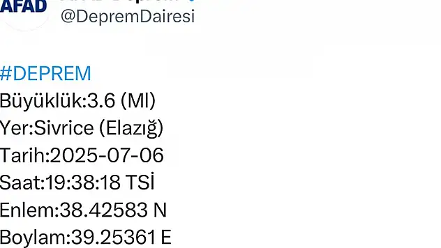 Elazığ'da 3.6 büyüklüğünde deprem
