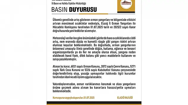 Elazığ'da havai fişek ve dilek balonu satımı ve kullanımı yasaklandı