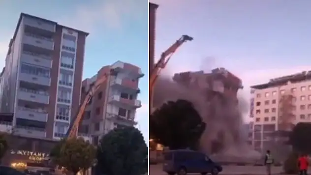 Gaziantep'te, ağır hasarlı 6 katlı bina yıkılırken çöktü

