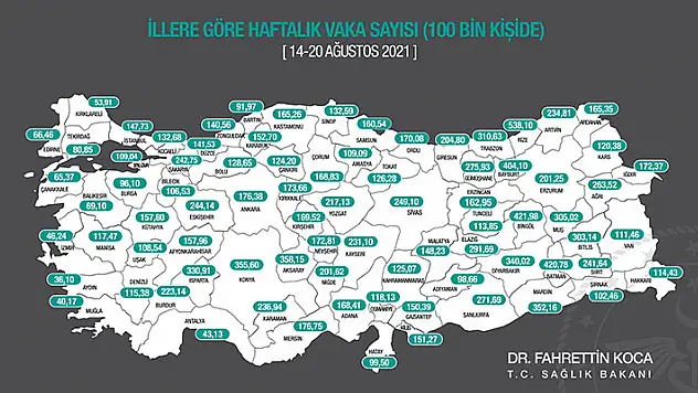 İllere göre her 100 bin kişide görülen Kovid-19 vaka sayıları açıklandı