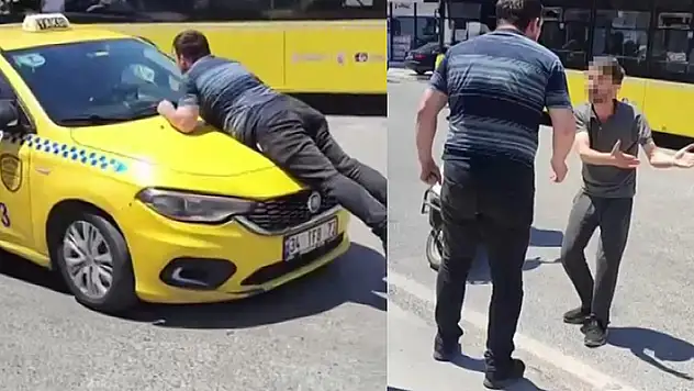 İstanbul Pendik'te taksinin kaputuna çıkıp camı patlattı

