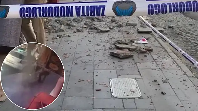 Konya'da baba ve kızının kaldırımda yürürken kafalarına binadan düşen beton parçalarıyla yaralandığı anın görüntüleri ortaya çıktı
