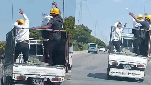 Konya'da baretli işçilerin kamyonet kasasında oynaması kamerada
