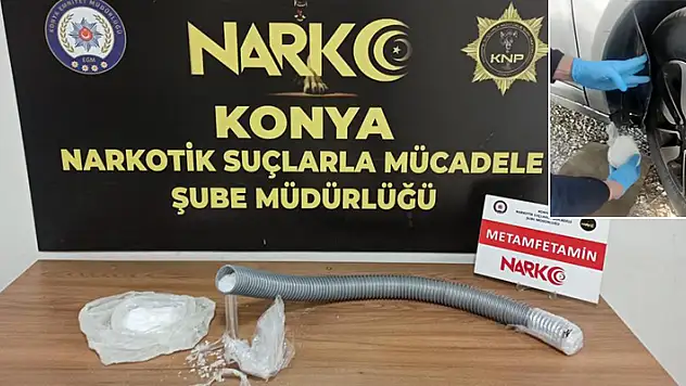 Konya'da çamurluk davlumbazında hortuma gizlenmiş uyuşturucu polisin dikkatinden kaçmadı
