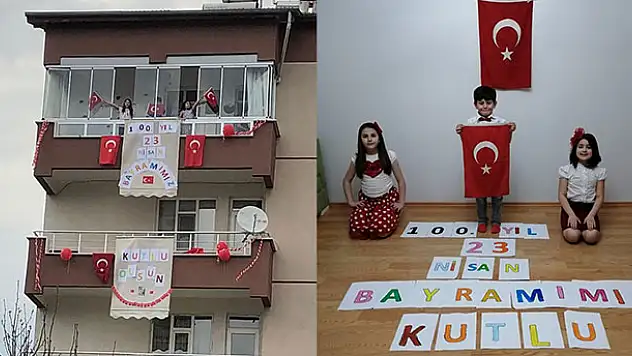 Konya'da çocuklar ev ve balkonlarda 23 Nisan bayramını kutladı