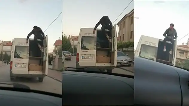 Konya'da eşya taşınan kamyonetin üzerinde tehlikeli yolculuk