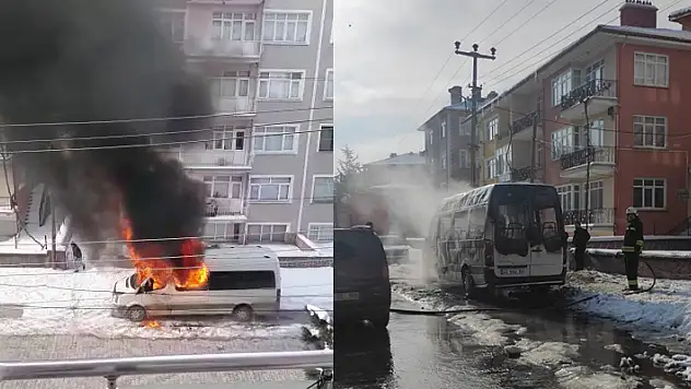 Konya'da park halindeki öğrenci servisi alev aldı o anlar kamerada

