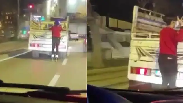 Konya'da patenli gencin trafikte tehlikeli yolculuğu kamerada