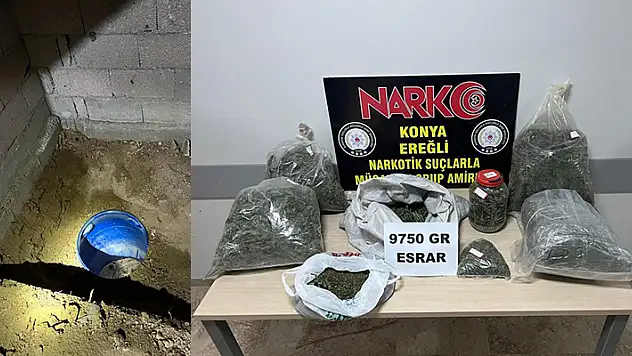 Konya'da şöminenin toprak zeminine gömülü 9 kilo 750 gram esrar ele geçirildi
