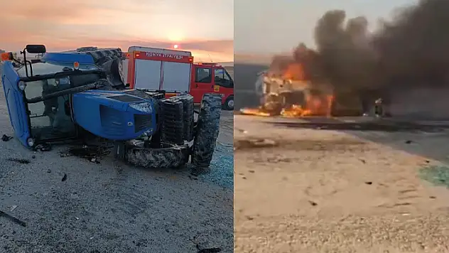 Konya'da traktörle çarpışan otomobil alev alev yandı