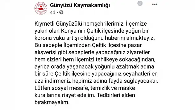 Konya'nın Çeltik ilçesinde Kovid-19 vakaları arttı! Komşu ilçe kaymakamlığı vatandaşları uyardı