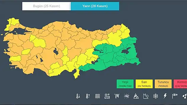 Konya'nın da olduğu 64 il için sarı ve turuncu kodlu meteorolojik uyarı
