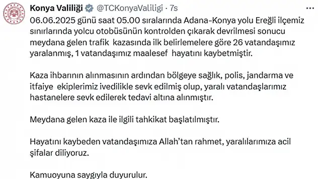 Konya Valiliği'nden otobüs kazasıyla ilgili açıklama