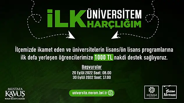 Meram Belediyesinden üniversiteye ilk kez yerleşen öğrencilere 1000 TL eğitim desteği