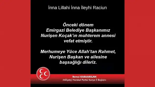 MHP Konya İl Başkanlığı'ndan taziye mesajı