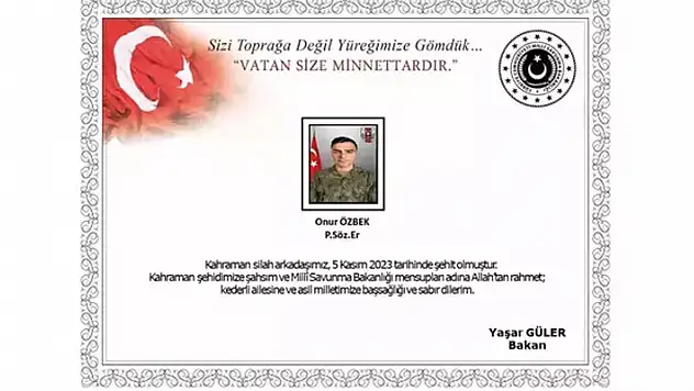 MSB: Silah kazası sonucu 1 asker şehit oldu
