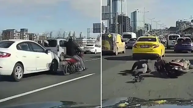 Otomobilin aynasını kırmak isterken taksiye çarpan motosikletliye 2 bin 886 lira ceza

