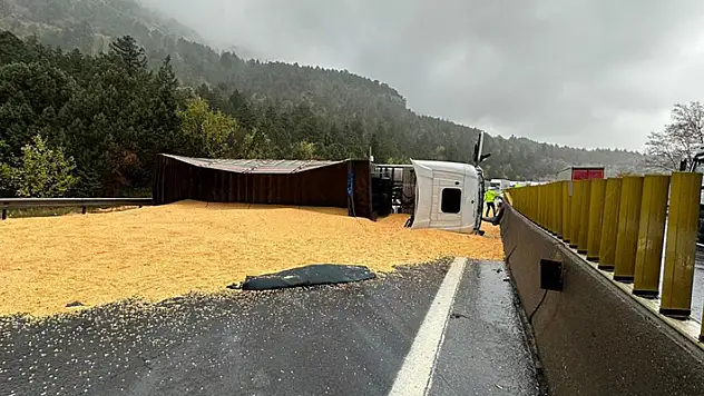 Otoyolda tır yan yattı, yol tahıl ile kaplandı
