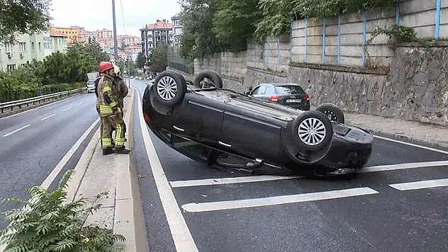 Sarıyer'de refüje vuran otomobil takla attı sürücü yaralandı