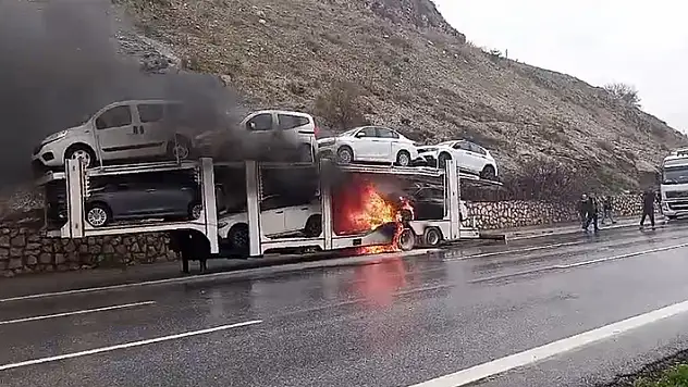 Tır alev aldı, dorsedeki 6 otomobil kullanılamaz hale geldi

