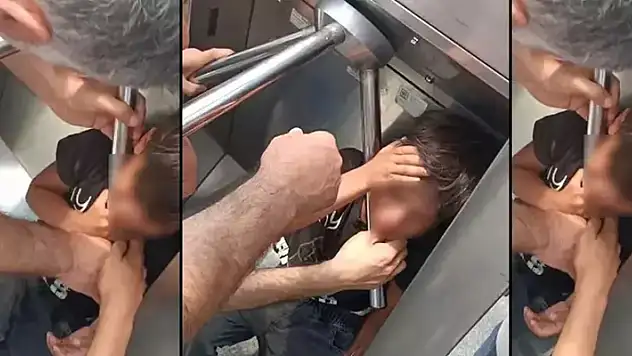 Tramvay durağında bir çocuğun başı turnikeye sıkıştı! 