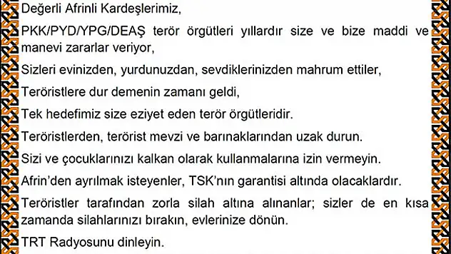 TSK Afrin'e havadan bildiri attı