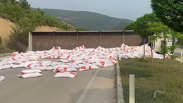 Un yüklü tır devrildi: Un çuvalları yola savruldu
