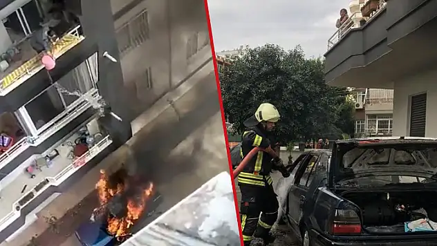 Yanan otomobili balkondan kovayla su dökerek söndürmeye çalıştı
